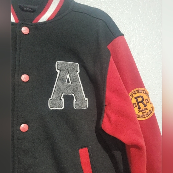 Riflessi Juniors Varsity Fleece Bomber Jacket S Snapped Black/ Red Cotton Blend - Picture 4 of 16
